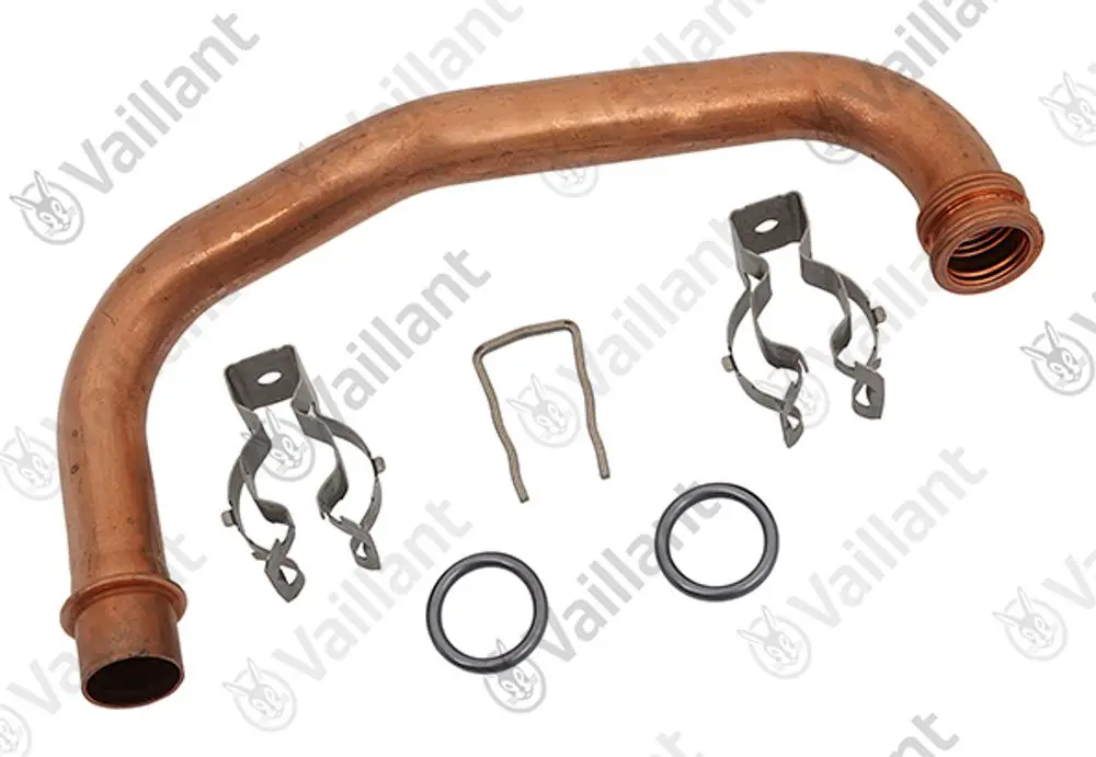Kupferrohr von Vaillant mit zwei Befestigungsclips, einem Sicherungsbügel und zwei O-Ringen, geeignet für den PWT-Rücklauf in Heizsystemen.